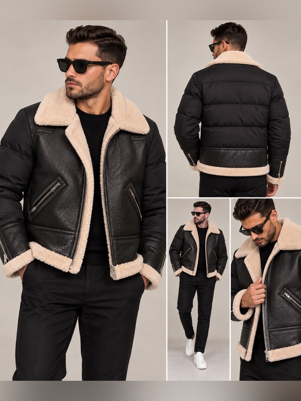 Intuition Black Leather-Look Jacket with Cream Shearling Trim